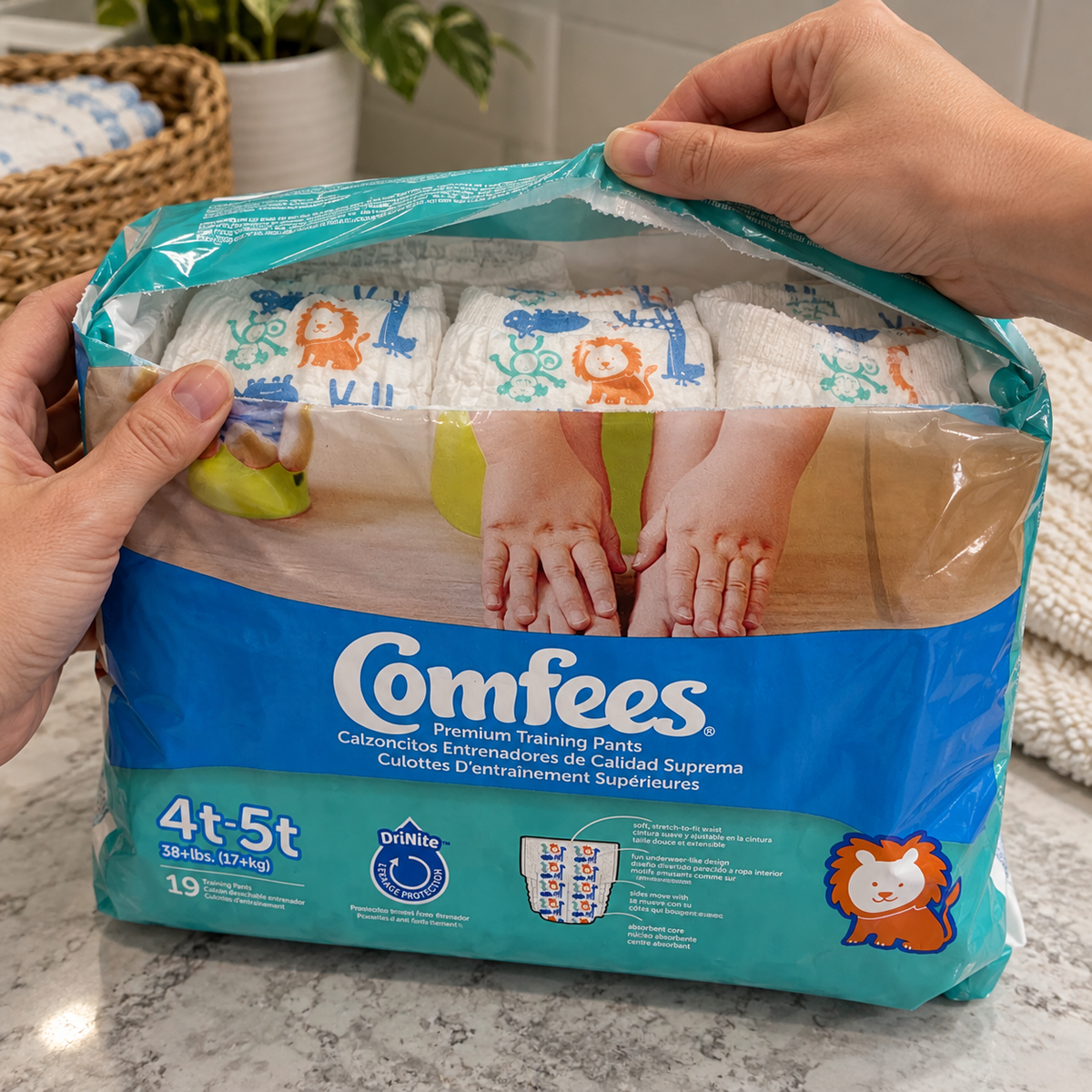 Adult hands opening a Comfees training pants bag