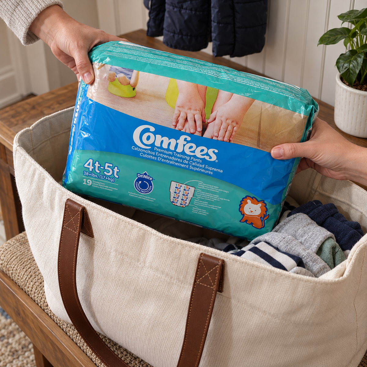 Packing a Comfees Boys 4T–5T 19-count bag into a tote