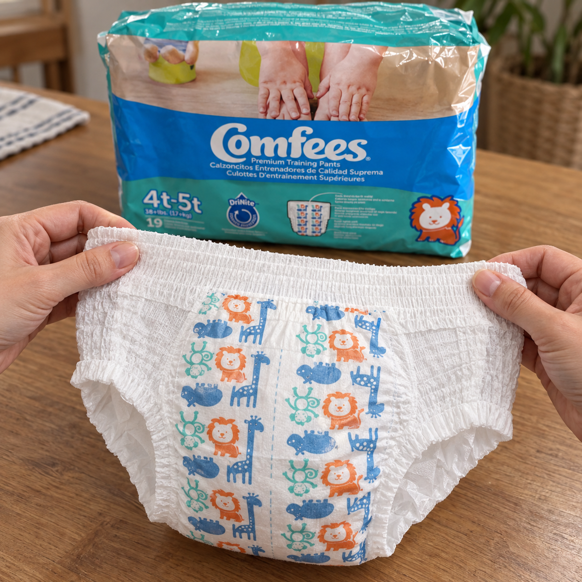 Adult hands gently stretching the waistband of a Comfees animal-print training pant