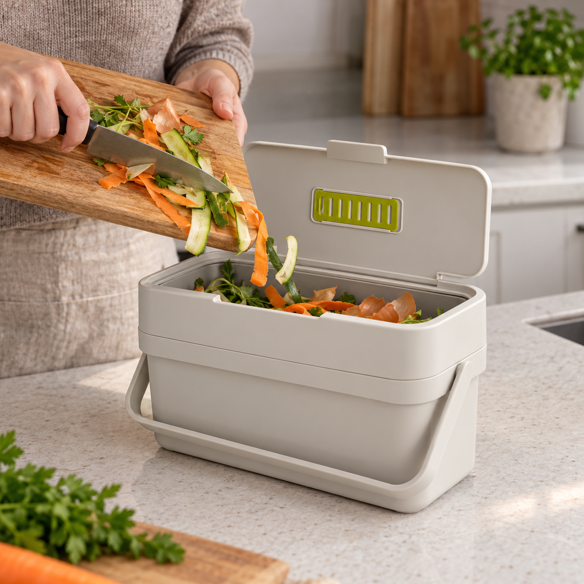 Scraping vegetable trimmings into a Stone Joseph Joseph Compo food waste caddy