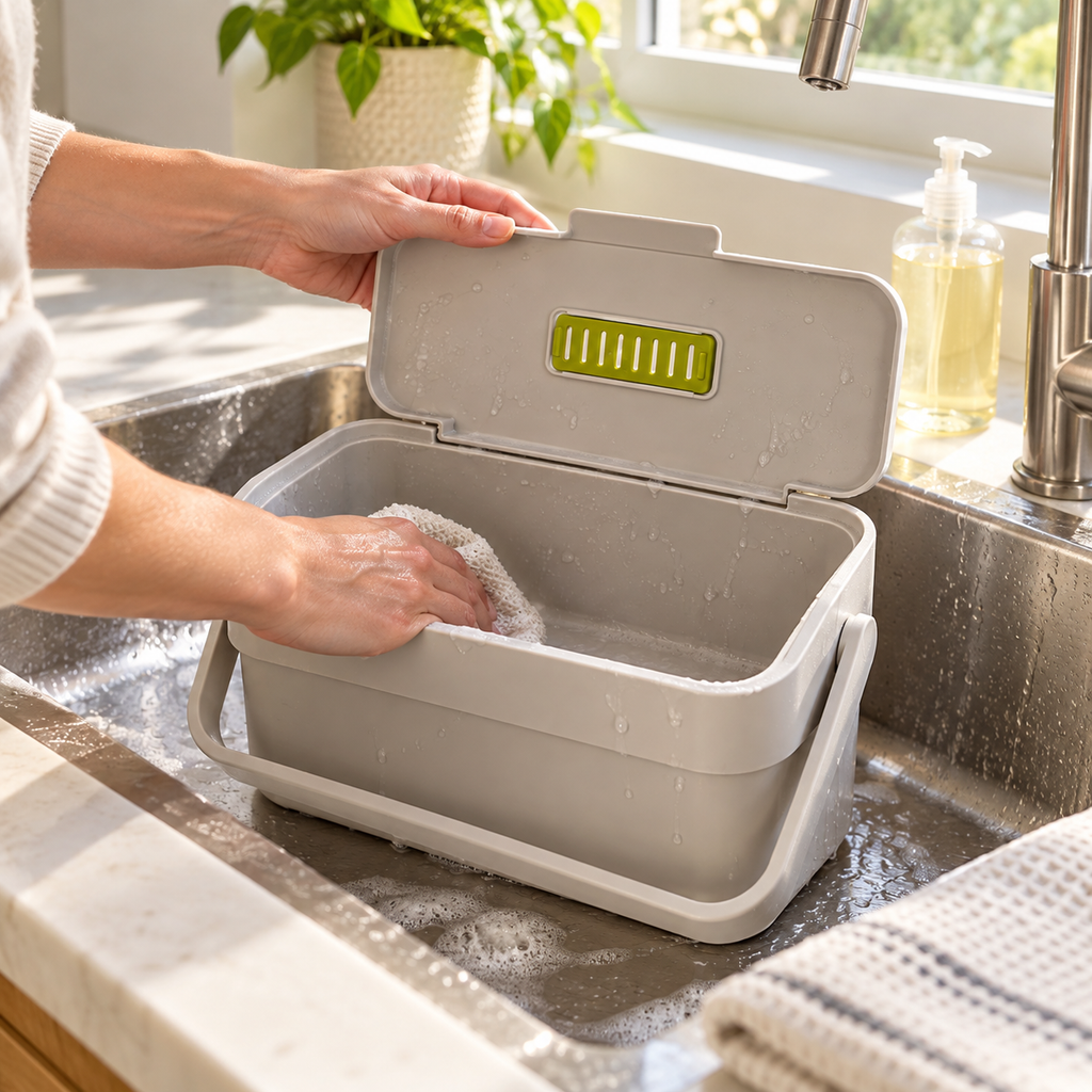 Washing the inside of a Stone Joseph Joseph Compo caddy at the kitchen sink