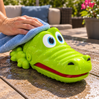 Wiping the green Crocodile Dentist Splash toy after outdoor play