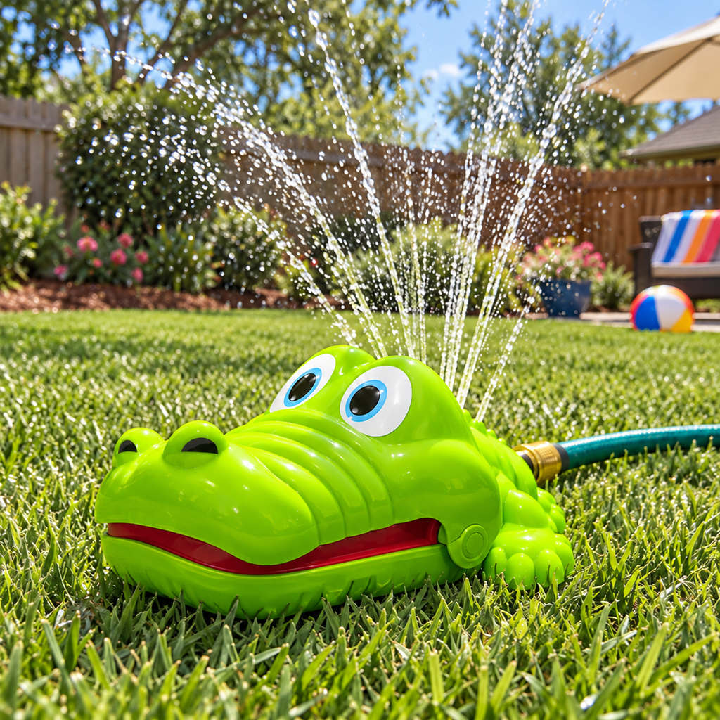 Crocodile Dentist Splash spraying water in closed-jaw sprinkler mode