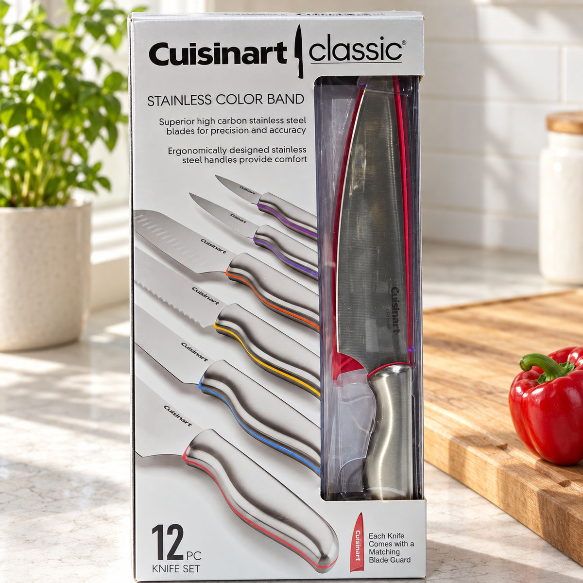Cuisinart Classic Color Band 12-Piece Knife & Guard Set in a kitchen prep counter, AI-generated lifestyle illustration.