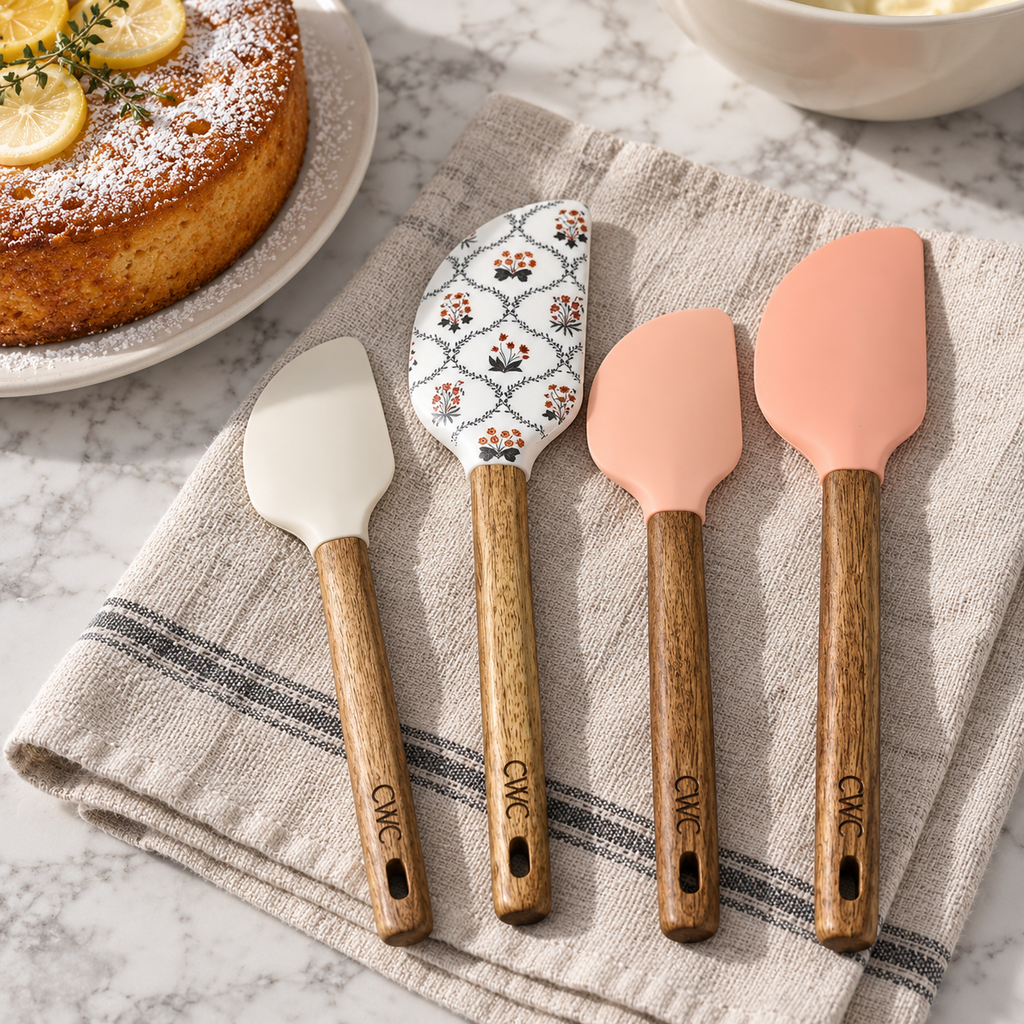 AI-generated lifestyle illustration of the four CWC peach, cream and floral silicone spatulas beside a cake; food, towel and bowl not included.