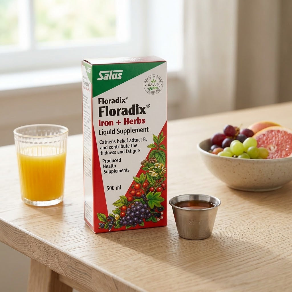A box of Salus Floradix Iron + Herbs liquid supplement stands on a light wood table, with a glass of orange juice, a small metal cup, and a bowl of fruit in a softly lit indoor setting.