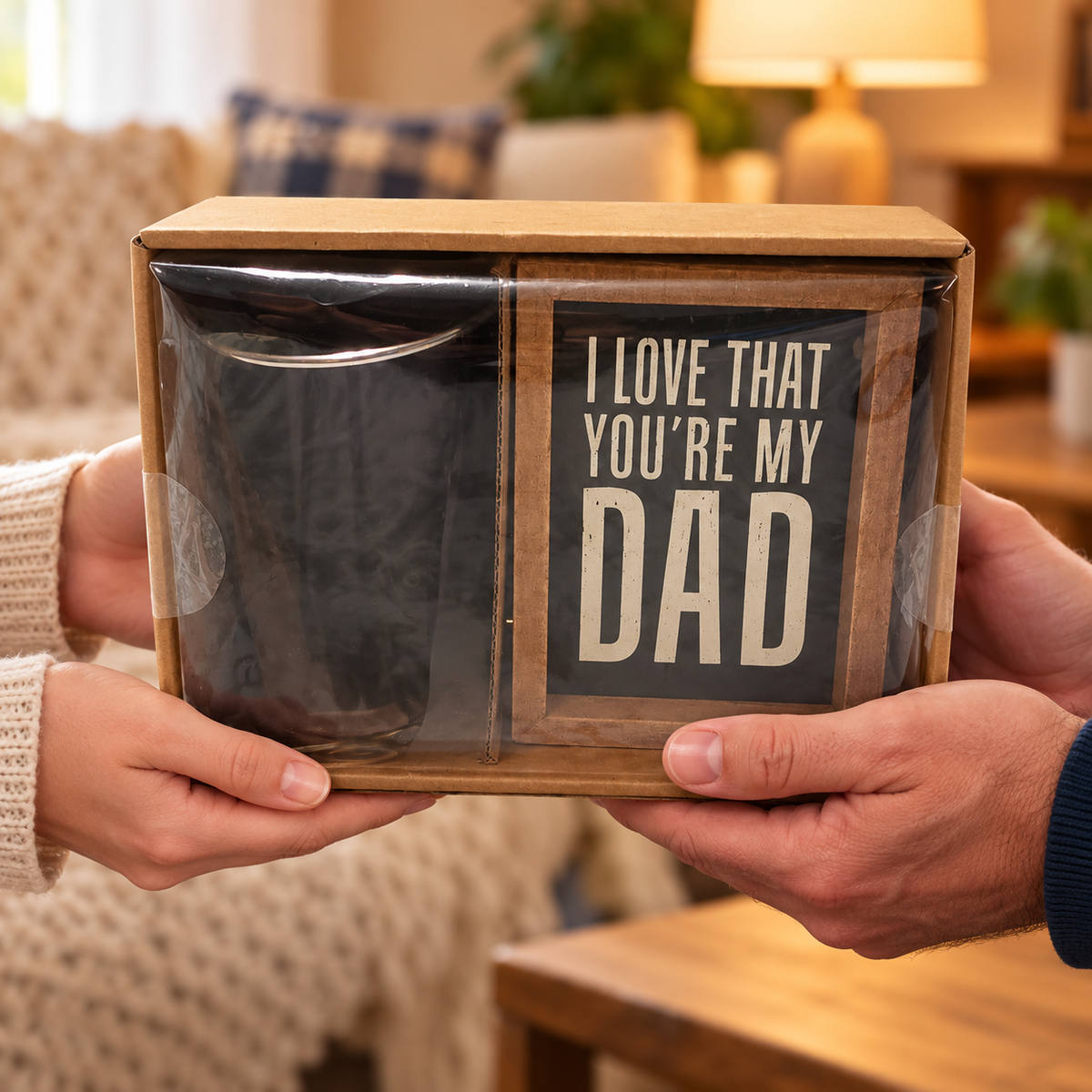 Dad box sign and pint glass gift set, gift presentation, AI-assisted illustration
