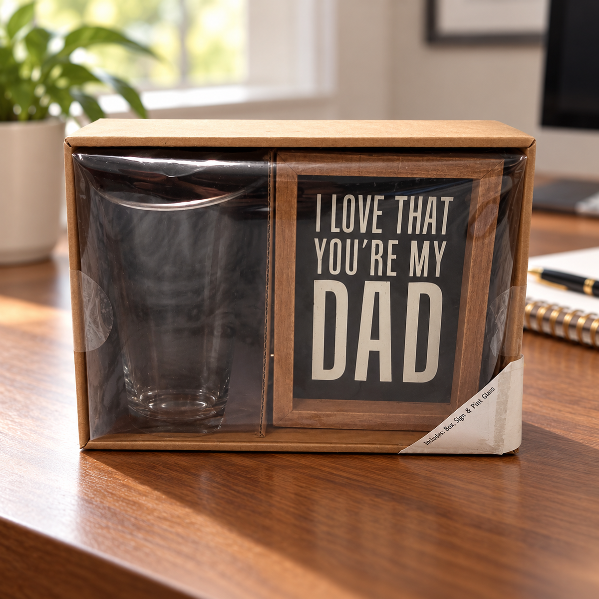 Dad box sign and pint glass gift set, home office, AI-assisted illustration