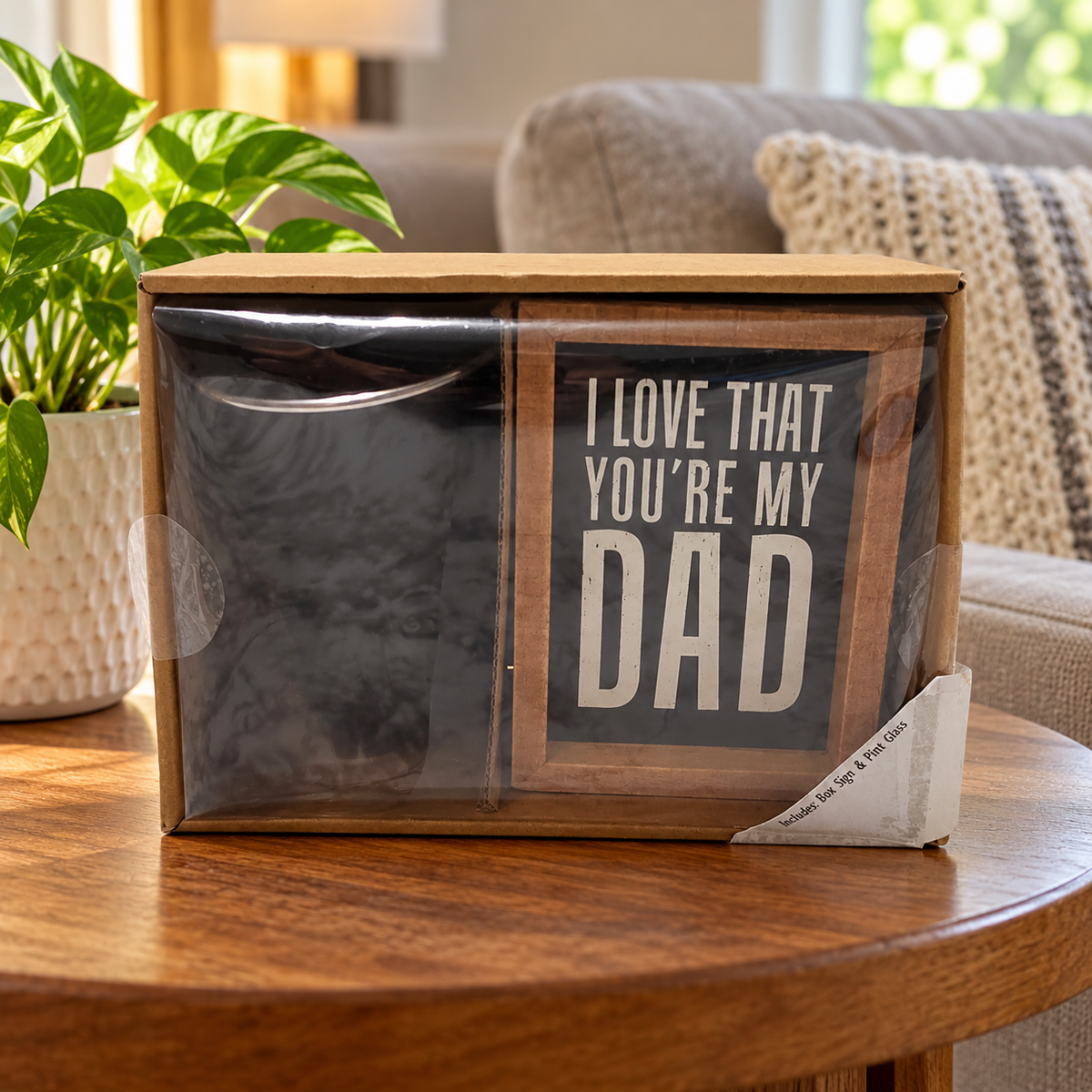 Dad box sign and pint glass gift set, side table, AI-assisted illustration