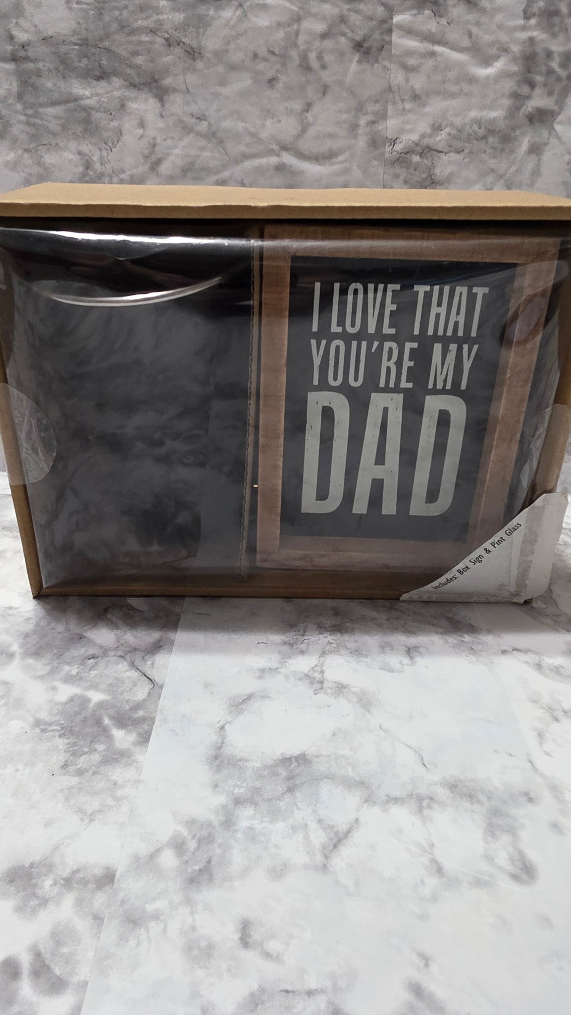 Actual packaged Dad box sign and pint glass gift set