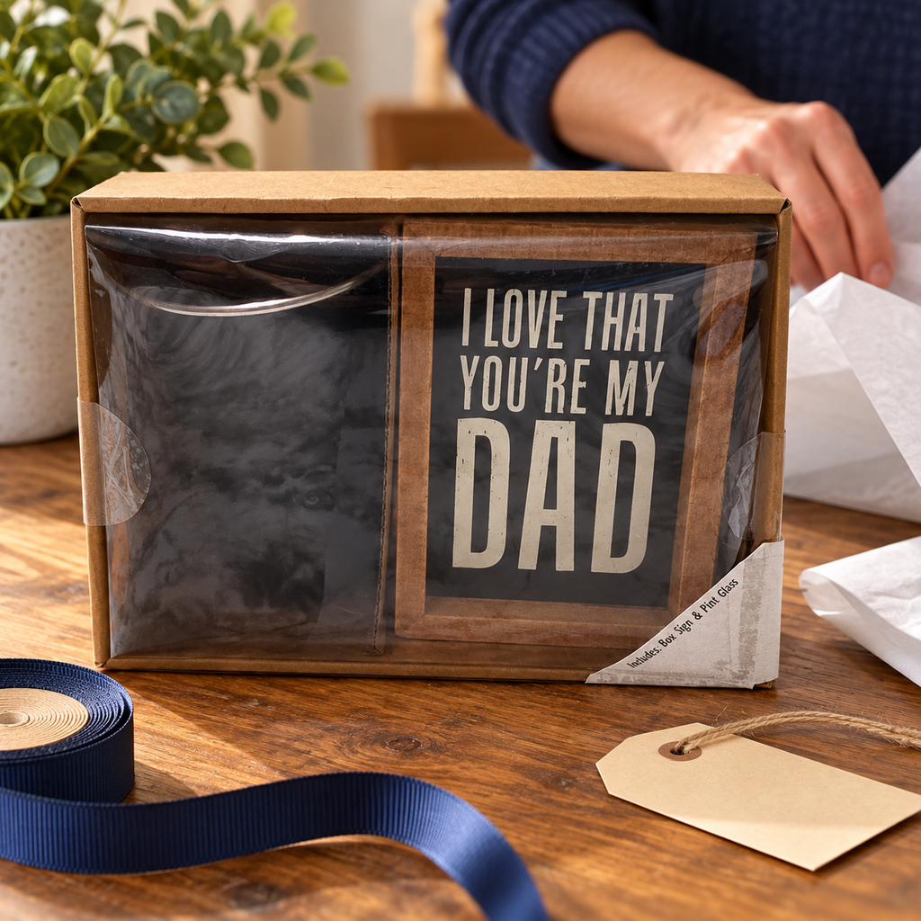 Dad box sign and pint glass gift set beside tissue paper and ribbon