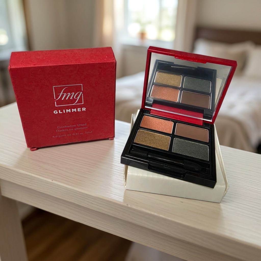 Open Avon fmg Glimmer Siren eyeshadow compact with peach, brown, gold and green shades in daylight, AI-assisted scene.