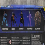 Actual stocked product photo detail of DC 5-figure pack back panel character lineup and origin information.