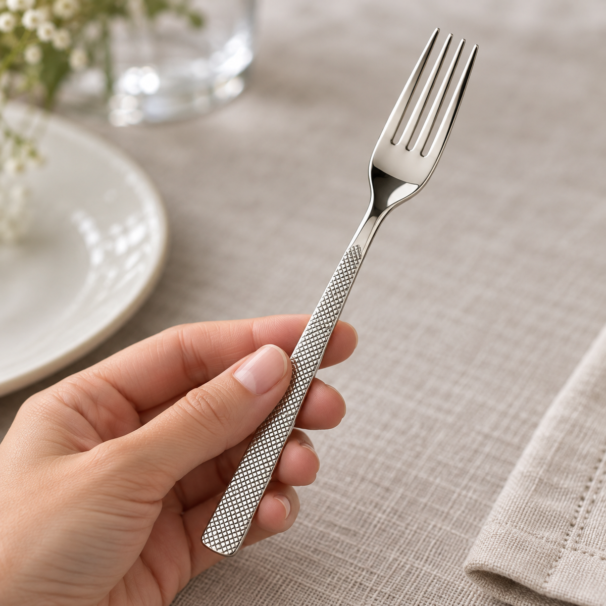 Close view of the textured Guest Star fork handle held in a hand