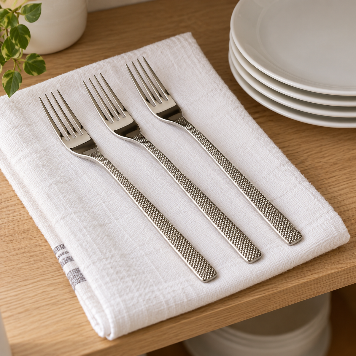 Three sample Guest Star dessert forks on a kitchen towel