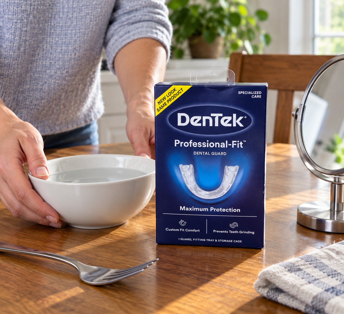 DenTek Professional-Fit carton beside a bowl, fork and mirror before fitting preparation
