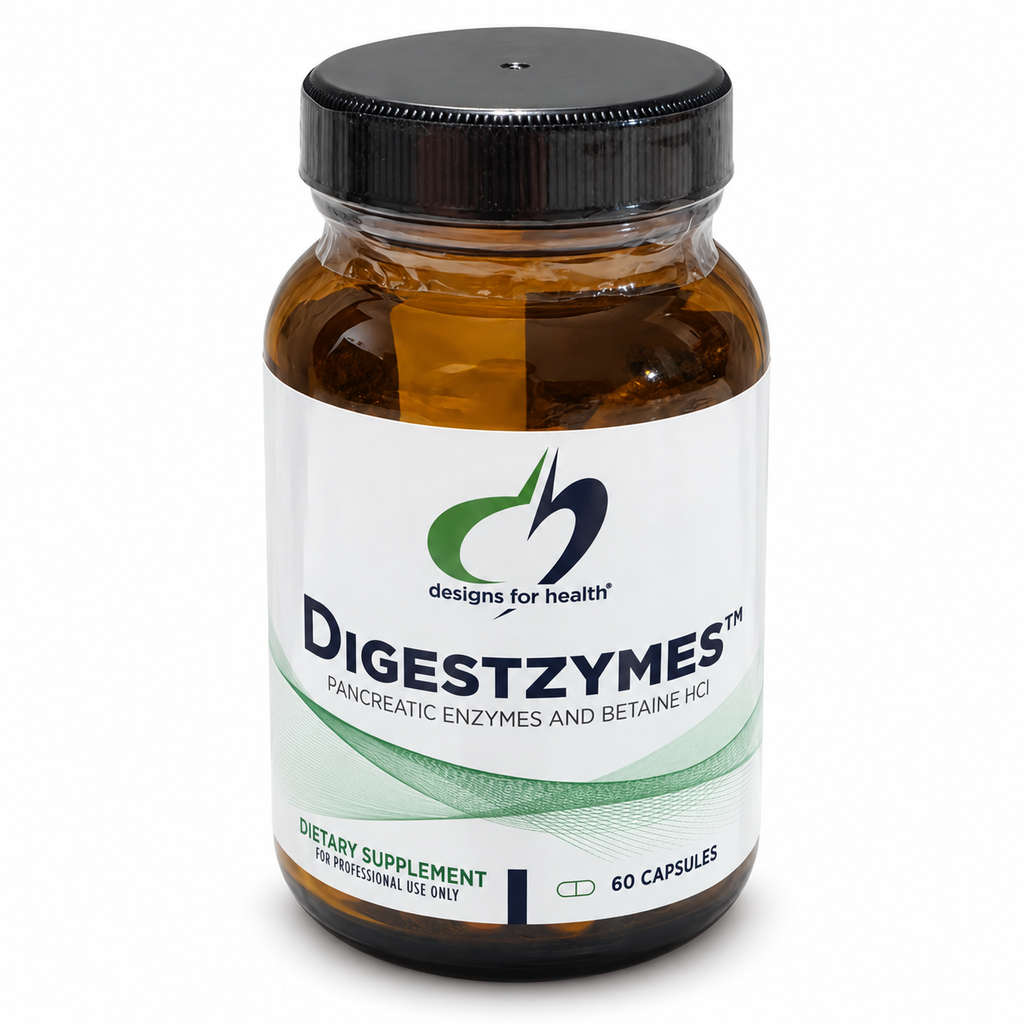 AI-edited studio image of Designs for Health Digestzymes 60-capsule sealed bottle