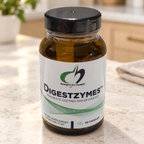 AI-styled illustrative counter scene with Designs for Health Digestzymes 60-capsule bottle; props not included