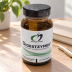 AI-styled illustrative organized scene with Designs for Health Digestzymes 60-capsule bottle; props not included