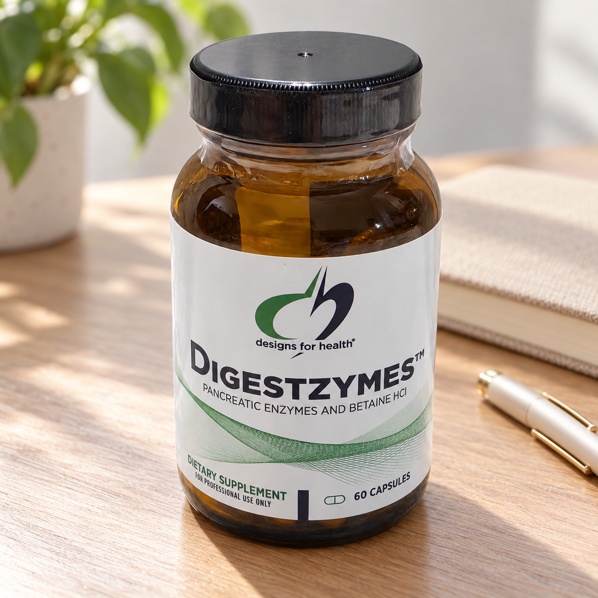 AI-styled illustrative organized scene with Designs for Health Digestzymes 60-capsule bottle; props not included