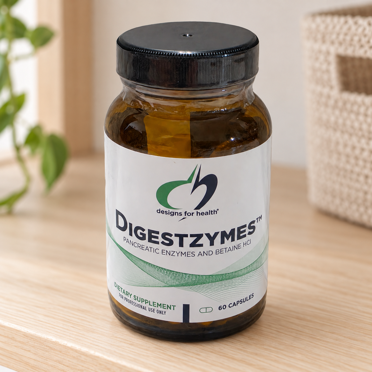 AI-styled illustrative shelf scene with Designs for Health Digestzymes 60-capsule bottle; props not included