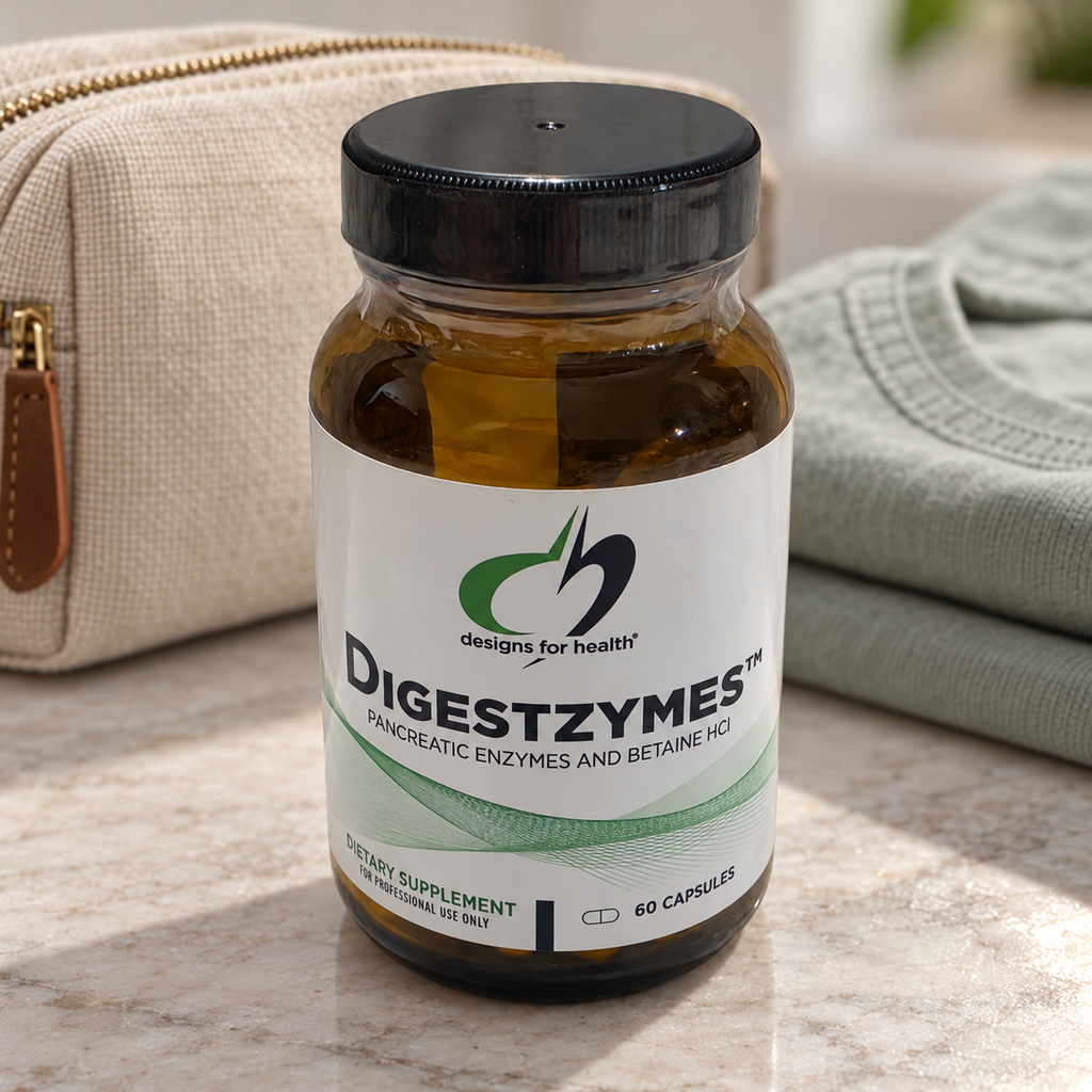 AI-styled illustrative travel scene with Designs for Health Digestzymes 60-capsule bottle; props not included