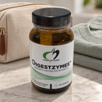AI-styled illustrative travel scene with Designs for Health Digestzymes 60-capsule bottle; props not included