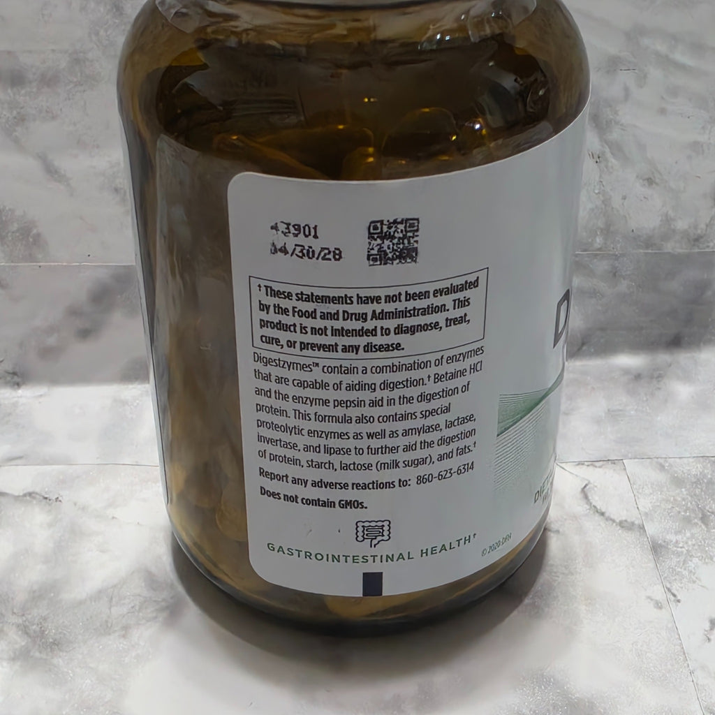 Original photograph of actual Digestzymes bottle printed date 04/30/28 without EXP or Best By prefix