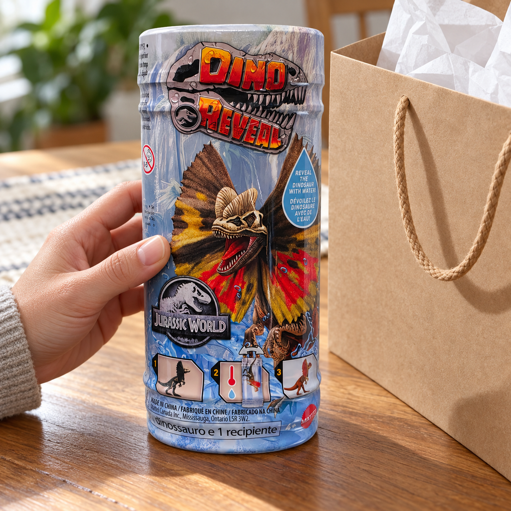One Jurassic World Dino Reveal canister beside a plain gift bag during gift preparation.