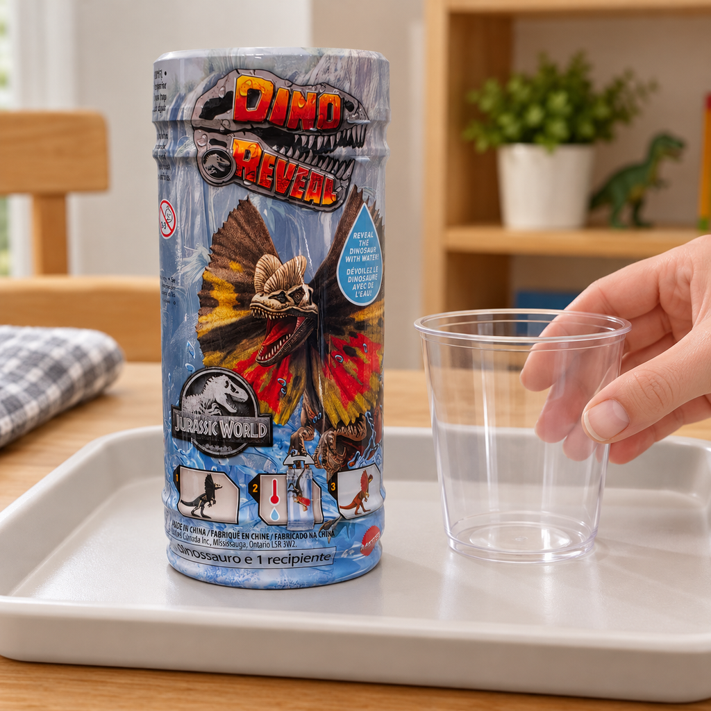 Closed Jurassic World Dino Reveal canister on a tray beside an empty cup before an activity.