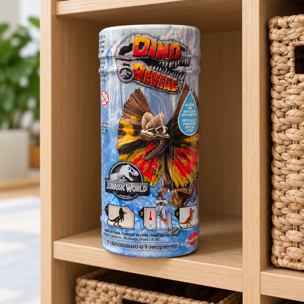 One closed Jurassic World Dino Reveal canister resting in a wooden storage cubby.