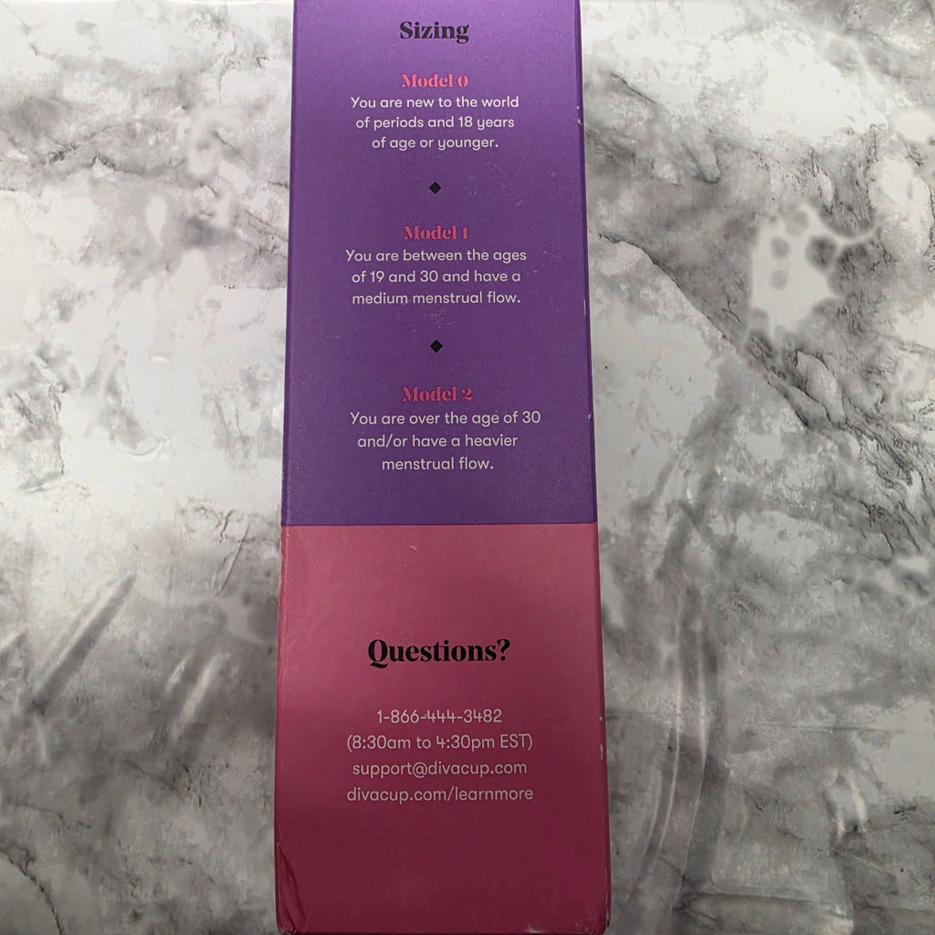 Actual DivaCup retail box sizing information including Model 1