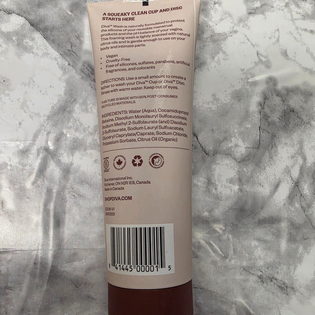 Actual DIVA Wash tube ingredients, directions and barcode