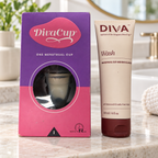 DivaCup Model 1 and DIVA Wash 118 mL on a bathroom vanity; lifestyle illustration, props not included