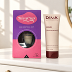 DivaCup Model 1 and DIVA Wash 118 mL on a bright dresser; lifestyle illustration, props not included