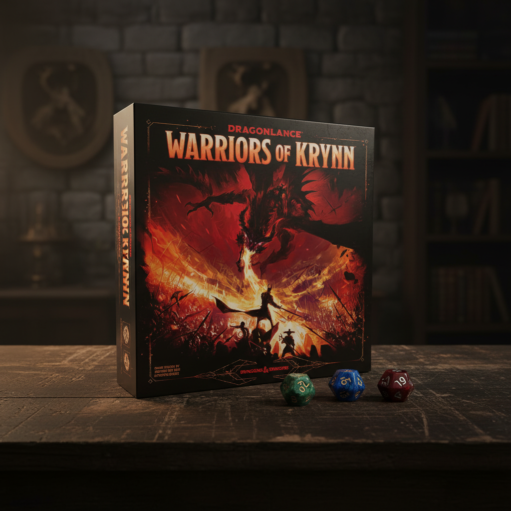 AI-generated contextual image of D&D Dragonlance Warriors of Krynn board game box on a dark tabletop with dice