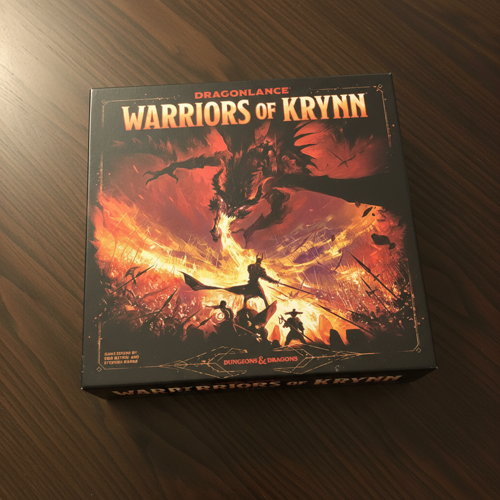 AI-generated overhead contextual image of D&D Dragonlance Warriors of Krynn board game box on a wood table