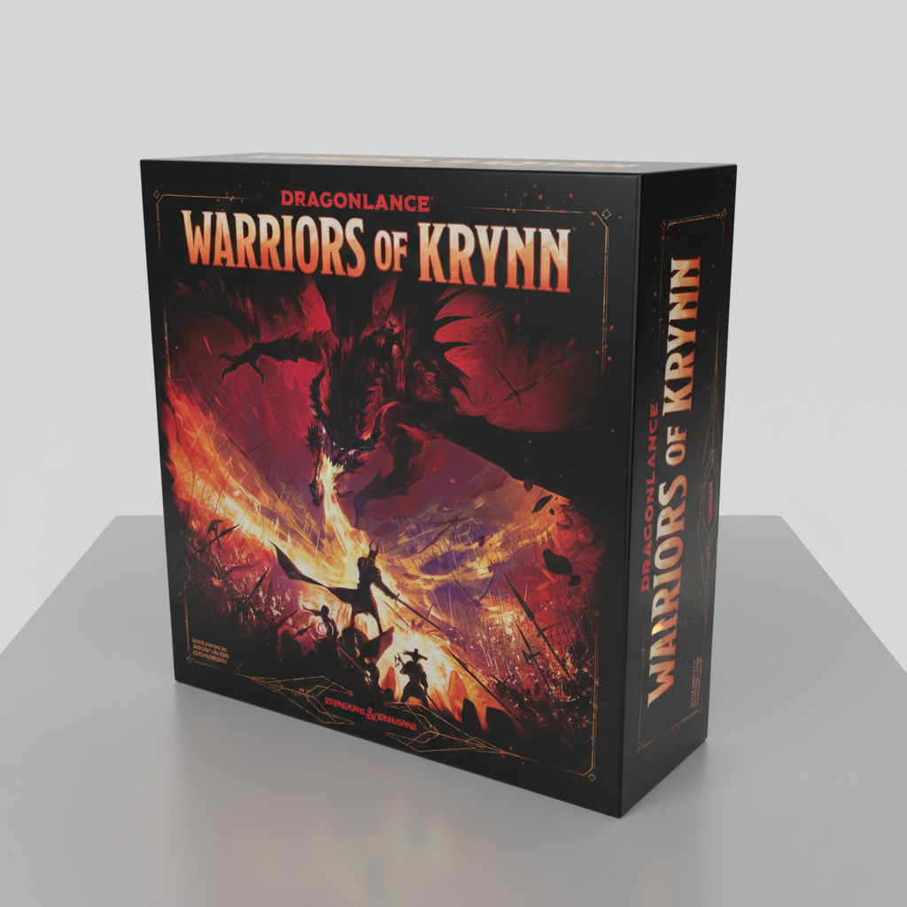 AI-generated contextual image of D&D Dragonlance Warriors of Krynn board game box in three-quarter view