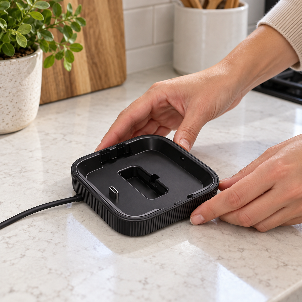 Positioning a KitchenAid Go charging dock on a dry kitchen counter