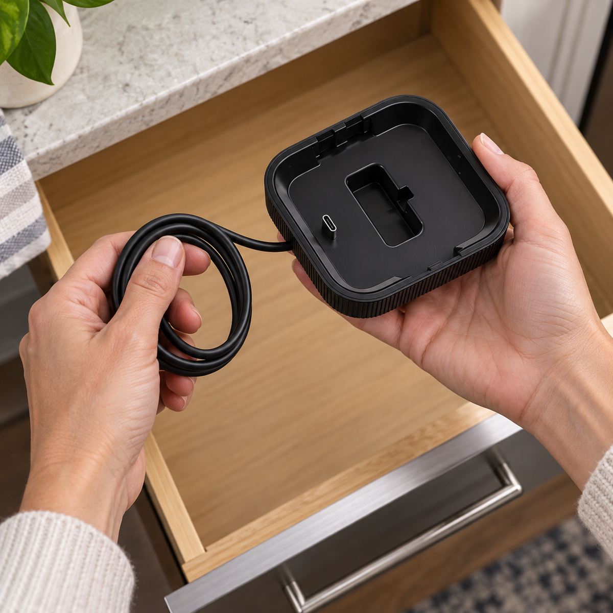 Coiling the attached cable of a KitchenAid Go charging dock for storage