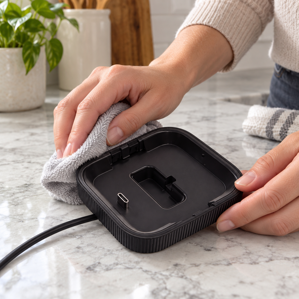 Wiping the outside of an unplugged KitchenAid Go charging dock with a dry cloth