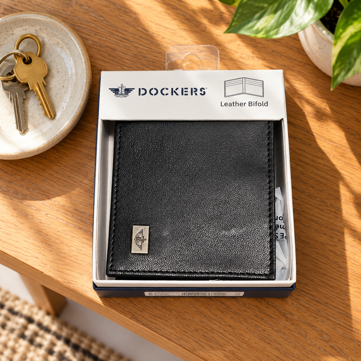 Boxed black Dockers leather bifold wallet on an entryway console; AI-generated lifestyle illustration.
