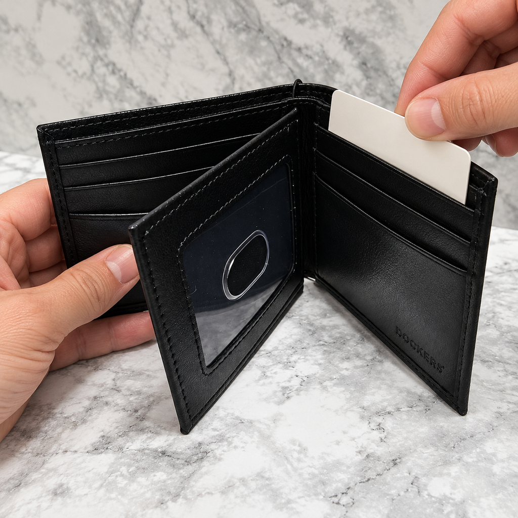 Illustrative use scene: adult inserting a plain blank prop card into the open black Dockers bifold wallet.