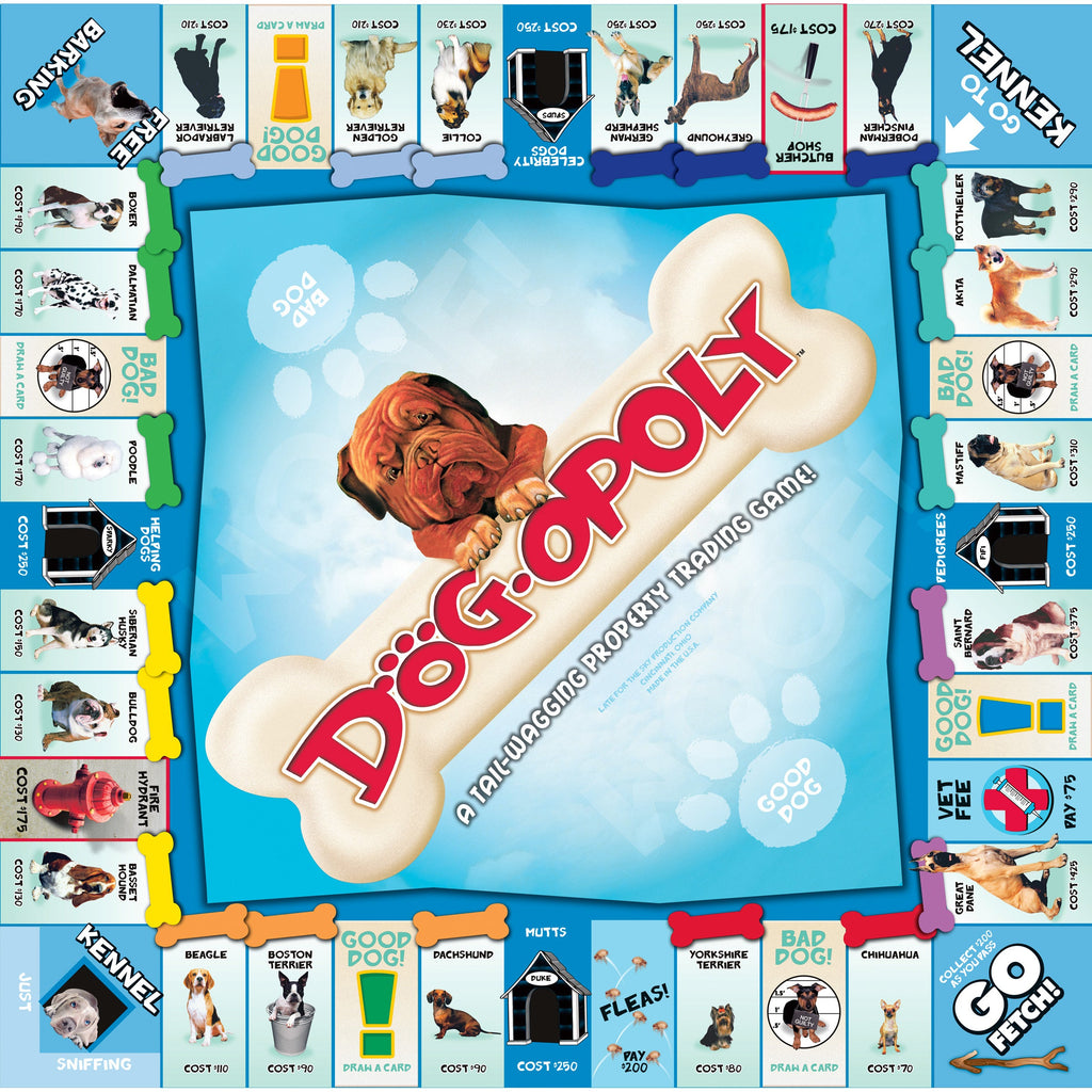 Dog-Opoly blue game board with dog-breed properties, kennel and Go Fetch spaces