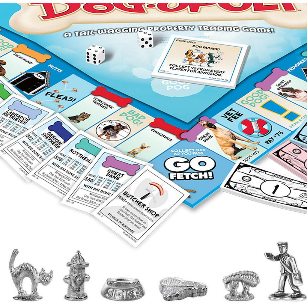 Close-up of Dog-Opoly cards, dice, metal tokens and the Go Fetch corner