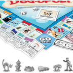 Close-up of Dog-Opoly cards, dice, metal tokens and the Go Fetch corner