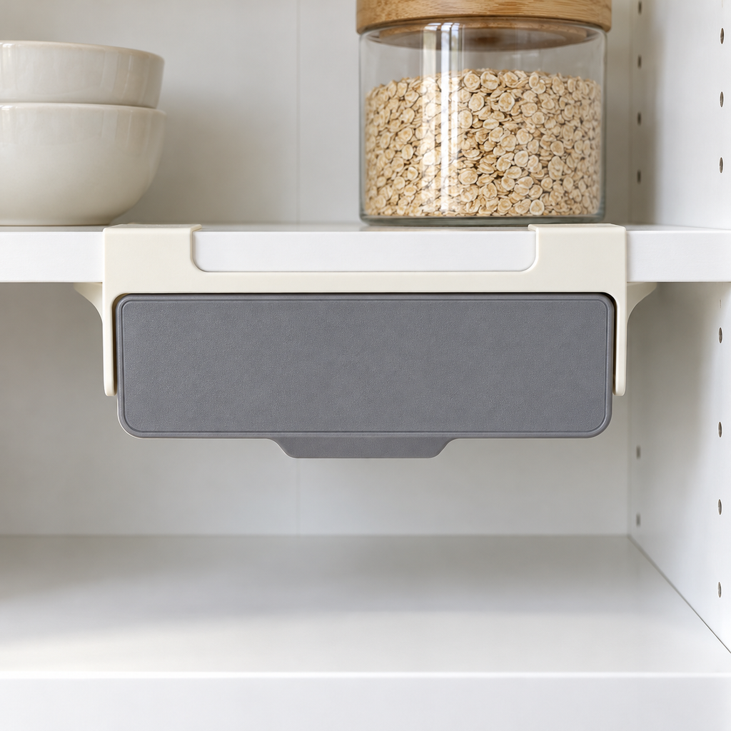 Grey CupboardStore drawer closed beneath a cupboard shelf