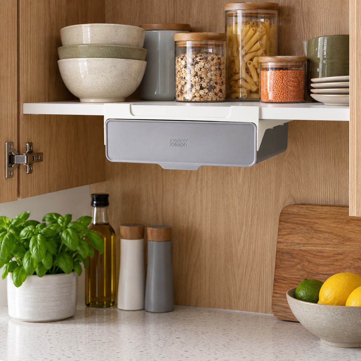 Grey CupboardStore drawer installed inside a kitchen cupboard