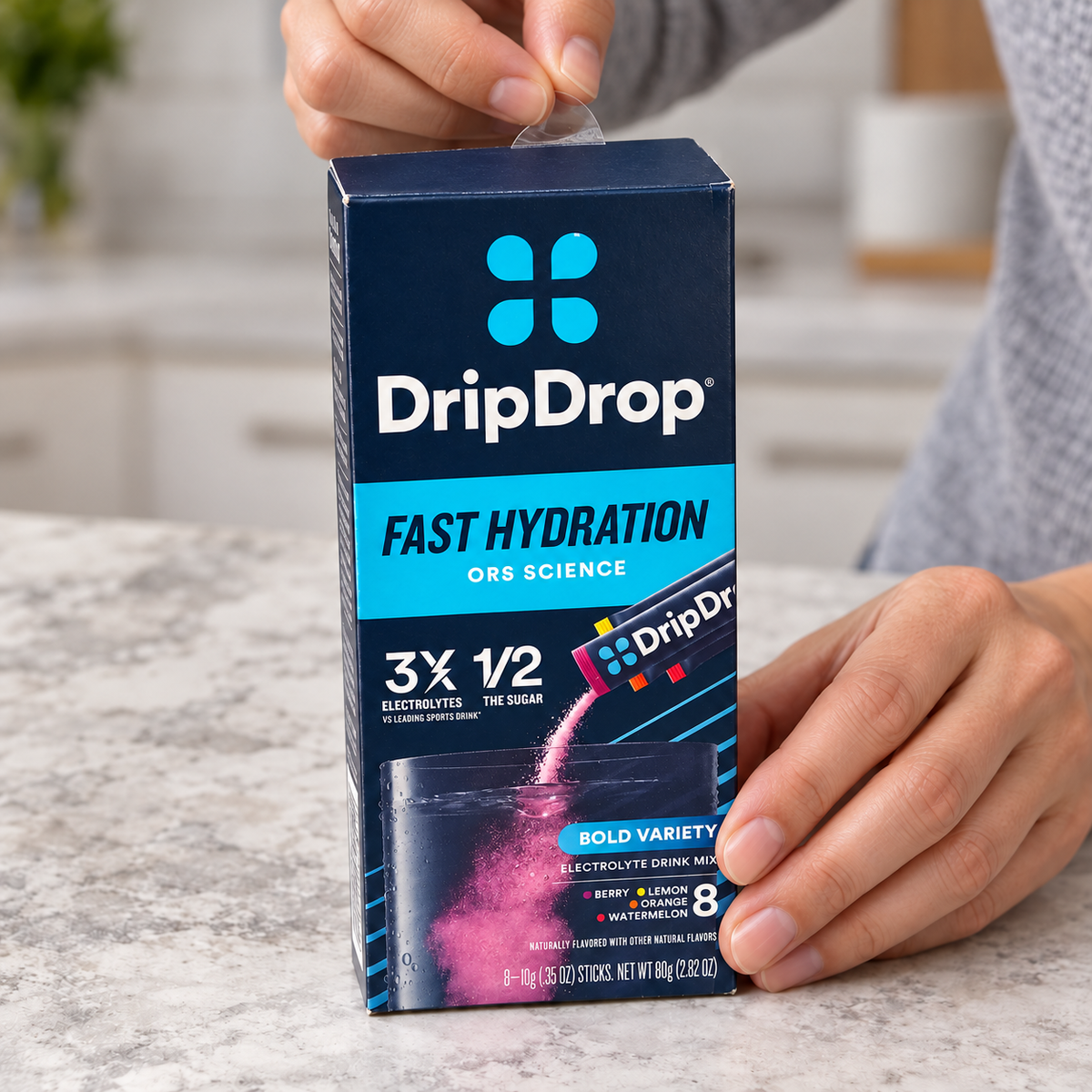 AI-generated illustrative scene of adult hands peeling the rear circular closure sticker from a DripDrop Bold Variety 8-count carton.