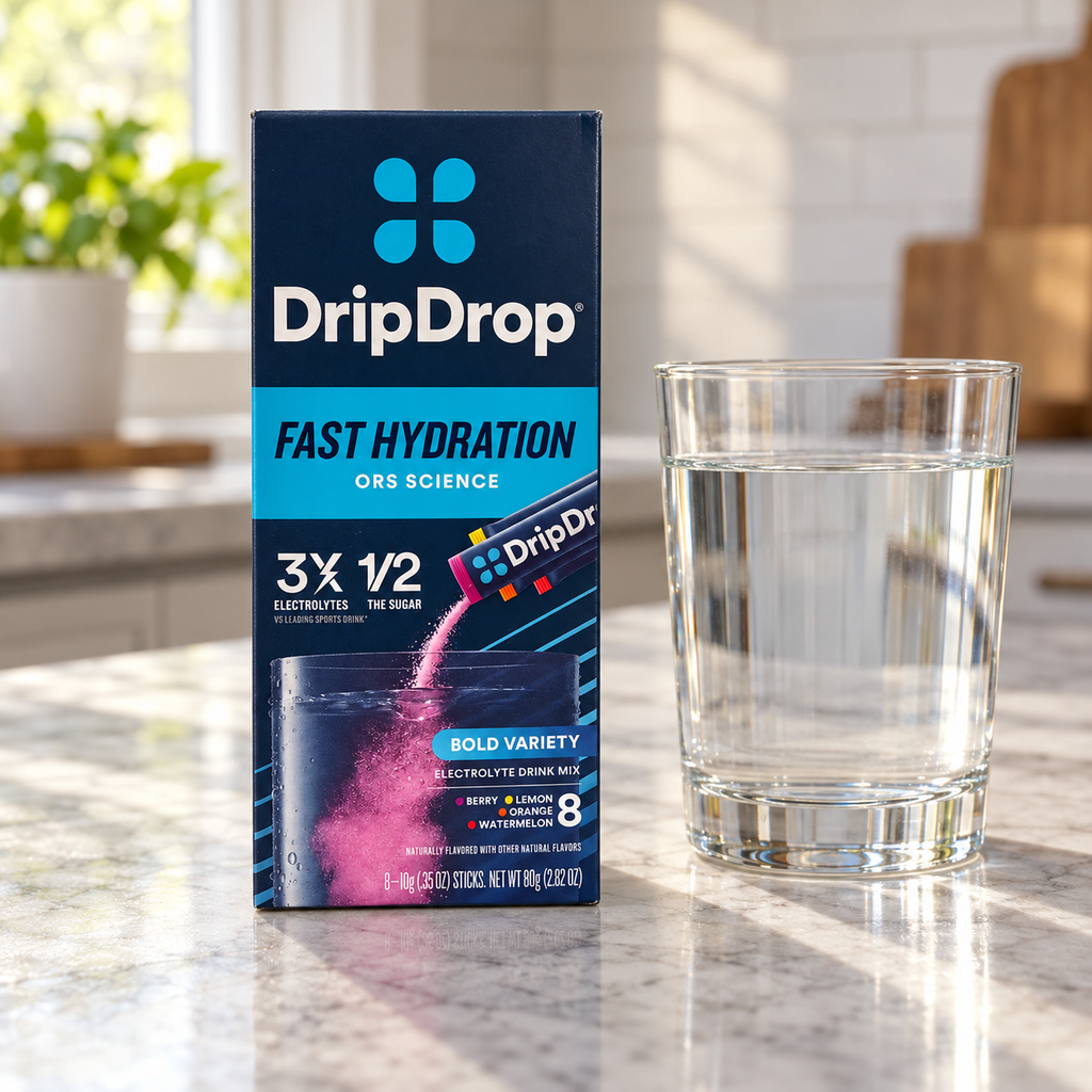 AI-generated illustrative scene of the closed DripDrop Bold Variety Electrolyte Drink Mix, 8 x 10 g Sticks package on a kitchen counter beside plain water.